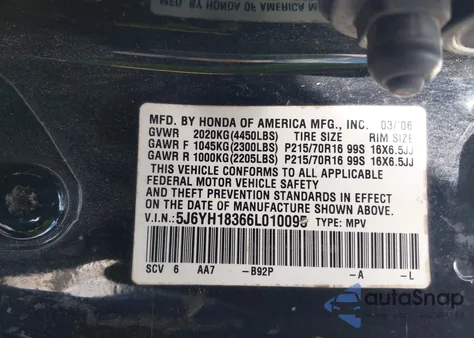 2006 Honda Element Lx z USA, uszkodzony, nr VIN 5J6YH18366L010095